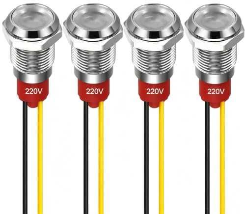 GUUZI 4pcs 10mm Voyant LED 220-230V Signal Lumineux étanche Panneau Métallique Voyant LED Montage sur Panneau Tête Plate avec Fils Coque Argentée (Blanc)