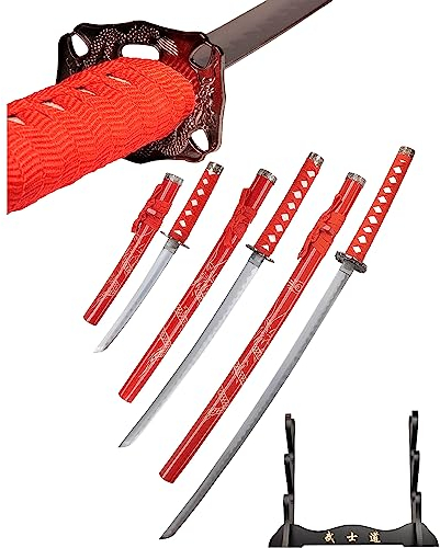 Roter Drache Schwert Set - Katana Schwert Echt Metall Wakizashi, Tanto - Samurai Schwert aus Stahl - Samurai Schwerter als Anime Deko - Japanisches Sword mit Schwertständer HK1109