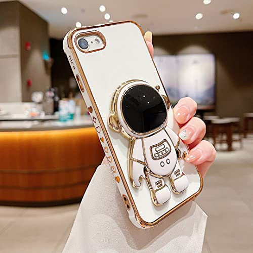 LRANKAI Case for iPhone 7/8/SE 2020/SE 2022 with Astronaut Stand,Luxury Plating Electroplate Case with Camera Protection Cute Love Heart Side Pattern Soft Silicone Shockproof Kickstand Cover-White