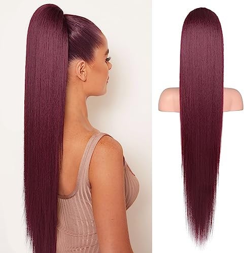 Flufymooz Ponytail Extension Pferdeschwanzverlängerung, 91 cm langer gerader Pferdeschwanz mit Kordelzug, Lockiger Pferdeschwanz Synthetisches Haarteil für Damen(Burgund)