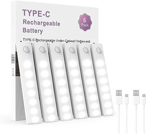 Yifeid 6 Pack Motion Sensor Lights - Indoor, Wireless USB Rechargeable Under Cabinet Kitchen Lights with Magnetic Base for Cupboards, Closets, Bedrooms & Stairs