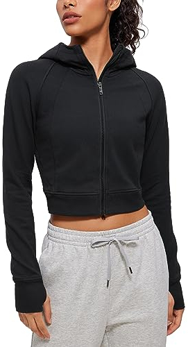 CRZ YOGA Damen Full Reißverschluss Fleece Hoodie Jacke Cropped Running Zip Up Laufjacke Workout Sport Sweatjacke mit Daumenloch Schwarz 40