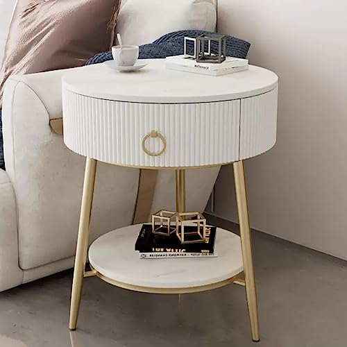 BOKNI Runder Beistelltisch, Nachttisch, Sofa-Beistelltisch mit Schublade und offenem Regal, Nachttische mit Metallrahmen für Wohnzimmer/Schlafzimmer/kleinen Raum (Farbe: Weiß, Größe: Goldene Füße)