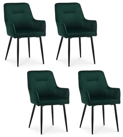TUKAILAi Velvet Dining Chairs Set of 4 Green Kitchen Reception Chairs with Arms and Metal Legs Occasional Padded Leisure Accent Chair for Dining Living Room Bedroom