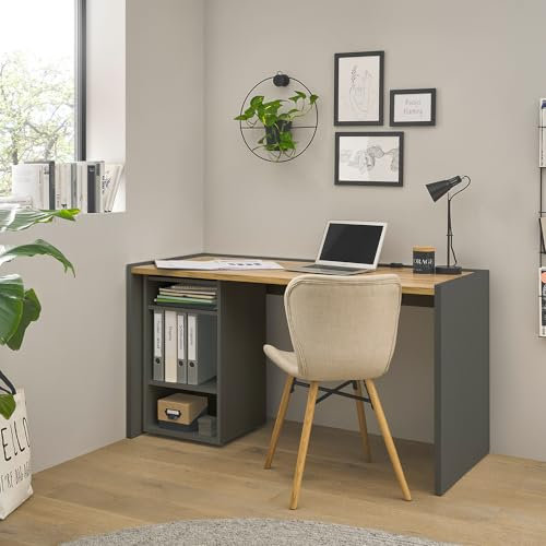 Lomadox Büromöbel Set anthrazit mit Eiche 2-teilig modern, 1 Schreibtisch, 1 Regal