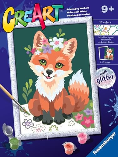 Ravensburger CreArt Série D Classic : renard avec fleurs, kit de peinture par numéros, contient une planche pré-imprimée, un pinceau, des couleurs et des accessoires, jeu créatif pour enfants de 9 ans