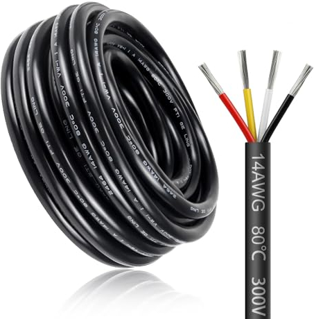10 Meter 14AWG 4x2,0mm² Elektrischer Kabel, 4 Adriges Kabel 5V/12V/24V/300V Stromkabel Verzinntes Kupferkabel,Flexibel und Weich Niedrige Impedanz Hohe Temperaturbeständigkeit Verlängerungskabel