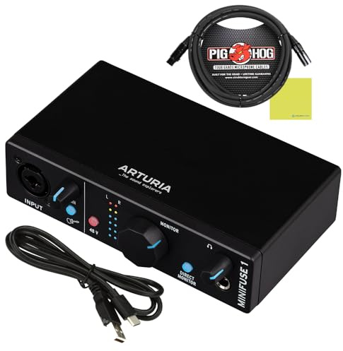 Arturia MiniFuse 1 Portable USB-C Audio Interface, Black w/Pig Hog PHM10 8mm XLR Microphone Cable and Liquid Audio Polishing Cloth