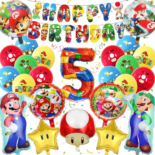 GUBOOM Super Mario Geburtstag Deko 5 Jahre, 32 Stück Super Mario Dekoration Geburtstag Mädchen Junge, Super Mario Party Deko, Kindergeburtstag Party Deko Set mit Super Mario Luftballon Banner (5)