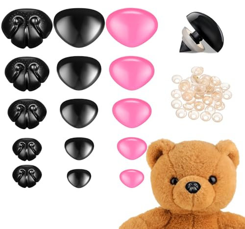 HecticCore 75 Packung Kunststoff Sicherheitsnasen für Tiere, Schwarzen und Pinken in 5 Größen, Häkeltiere Sicherheitsnasen mit Unterlegscheiben für Amigurumi, Marionetten, Plüschtiere, DIY Handwerk