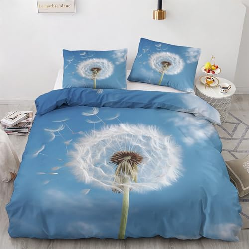 Generisch Bettwäsche Pusteblume 200x200 - Bettbezug Blumen, Bettwäsche-Sets 3 teilig, Weich & Atmungsaktiv Mikrofaser Wendebettwäsche und 2 Kissenbezug 80x80 mit Reißverschluss L&-n262