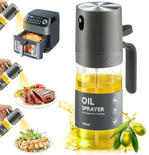 EclipseGuard Pulverizador de aceite de 250 ml, apto para alimentos, botella de aceite para freidora de aire caliente, spray de aceite para cocinar, para hornear, asar, ensalada (gris)