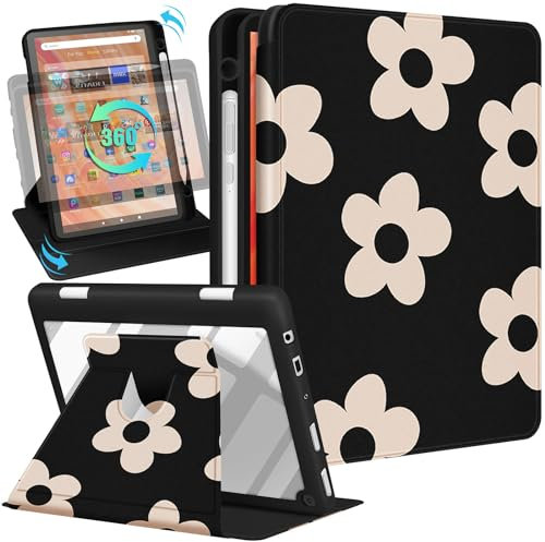 Kidcube Custodia per tablet Kindle Fire HD 10/10 Plus - 13a/11a generazione da 10,1 pollici Donne Carine Ragazze Folio Cover con Portamatite Fiori Disegno Floreale Rotante Stand Custodie per Amazon