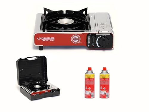ROTHENBERGER Industrial Campingkocher PREMIUM inkl. 2 Gaskartuschen | inkl. Tragekoffer | 1-flammig Gaskocher Camping Gas Kocher Kartusche | für Töpfe 12-26 cm