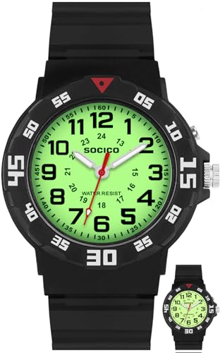 SOCICO Kids Analog Watch with Light, 30M Waterproof Time Teaching Watches for Boys Girls, Easy to Read Soft Band Learning Wrist Watch Great Gift for Children (Black)
