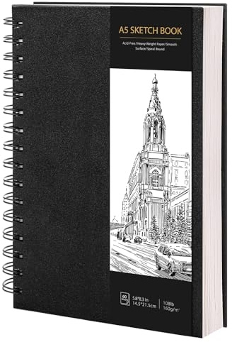 A5 Sketch Book, 60 Sheets Hardcover Art Drawing Book, 160gsm Sketch Pad | Acid-Free Thick Paper, 360° Lay-Flat Spiral Bound, Dual-Textured Pages, Ideal for Sketching, Pastel, Charcoal & Travel Art