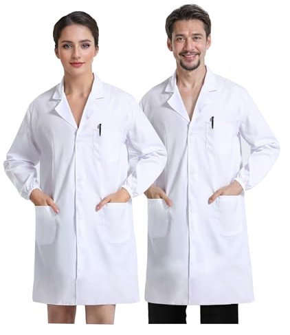 JXCTNNU Laborkittel Weiß Kittel Arztkittel Unisex Chemie Schutzkleidung Herren Damen Langarm Medizin Mäntel Medizinische Uniform mit Knöpfen 3 Tasche für Labor Studium Arbeit, L (170-175CM)