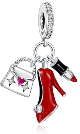 Rimgoris Pendentifs en argent sterling 925 Charm pour bracelets pour femmes Sac à rouge à lèvres Talons hauts Ensemble de 3 pièces Cadeau de Saint-Valentin Fête des mères Charms pour femmes