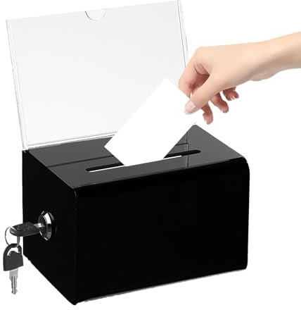 Acrylspendenbox, Spendenbox Abschließbar, Wahlurne Transparent mit Schlüssel Schloss, mit Aufkleber, für Visitenkarten, Abstimmungen, Gewinnspiele, Schwarz