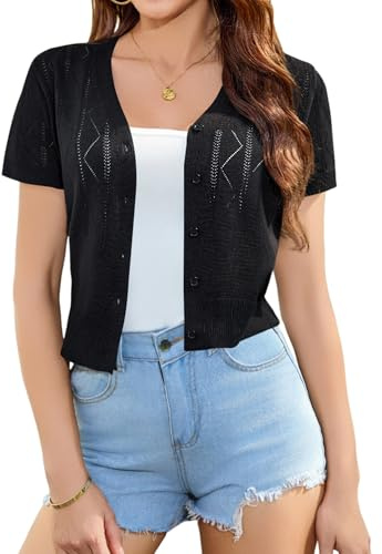 Totatuit Womens Cropped Cardigan Short Sleeve V Neck Cable Knit Bolero