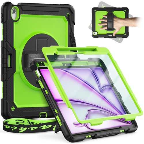 timecity Étui pour iPad Air 13 pouces M3/M2 (2025/2024) avec protection d'écran intégrée, support rotatif à 360°, bandoulière réglable, support magnétique pour stylet de charge - vert-jaune