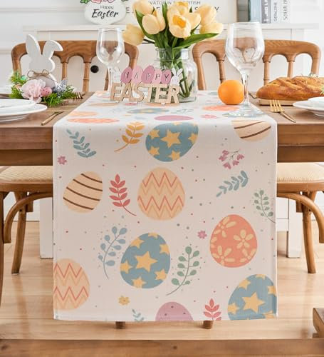 Vorysum Tischläufer Modern Ostern Frühling Tischläufer Ostertischläufer Ostereier Tischband Osterhase Tischdeko Osterndeko Frühlingdeko Tischdekoration für Esszimmer 40 x 140 cm
