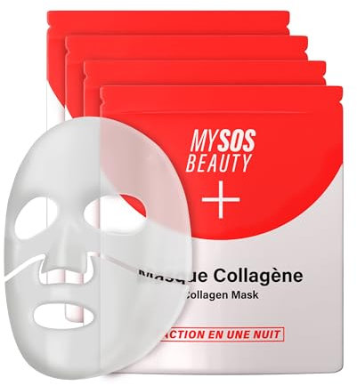 4 Masques Visage au Collagène MYSOSBEAUTY - Raffermit, Resserre les Pores et Hydrate en Profondeur - Pour une Peau Éclatante - Soin Beauté Composé de Collagène Marin