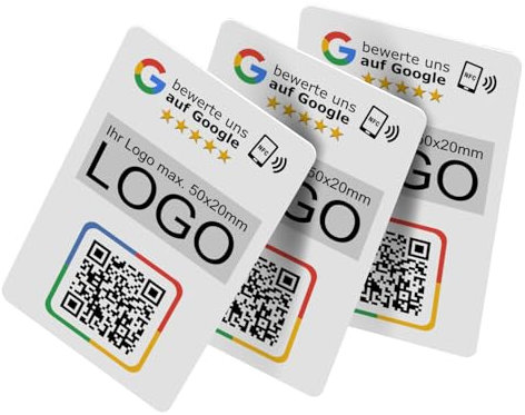 Google Bewertungskarten 3er Set mit QR-Code, NFC & eigenem Logo | 85x55mm | Ideale Marketing-Lösung für Unternehmen