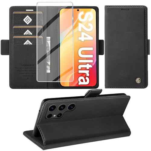 Cover per Samsung Galaxy S24 Ultra Custodia con Vetro Temperato, Premium PU Portafoglio Slot per Scheda RFID Antifurto Funzione Supporto Flip Case, Antiurto per Samsung S24 Ultra 5G Cover (Nero)