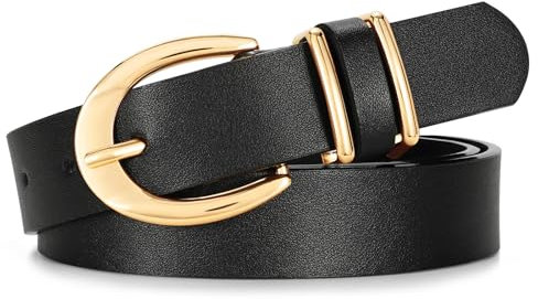 SUOSDEY Damen Ledergürtel für Jeanshosen, Schmaler Taillengürtel mit gold silber Schnalle 2.6cm Breite schwarz