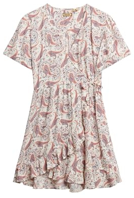 Superdry Damen Kurzärmeliges, bedrucktes Mini-Wickelkleid Boho Paisley Bordüre Cremefarben 40