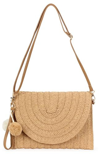 XFSRG Strandtasche Damen Stroh Gewebte Handtasche Damen Clutches Bohemian Woven Clutch Gewebte Tasche Klein Hochzeit Abendtasche Straw Beach Bags Sommertaschen Für Mädchen(Hellbraun)