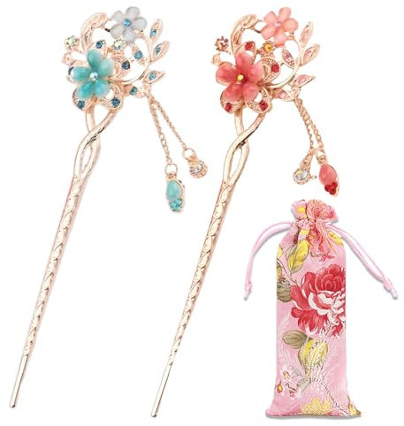 FOUNSHO 2 Pieces Hair Sticks with Tassel Rhinestone Flower, Vintage Hairpins Fork Disk Classic Chinese Chopsticks Buns Updos Bun Hair Accessories for Women Girls Teens Birthday Gift (Pink+Blue)