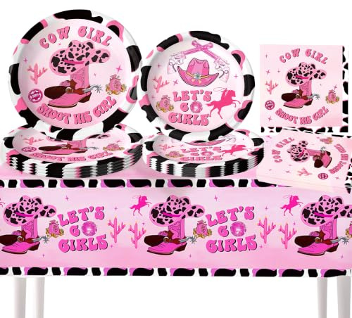 Let's Go Girls Party Supplies West Cowgirl Paper Plates Tablecloth Napkins | 41PCS Girls Decor for Pink Cowgirl Hen Party Bridal Shower