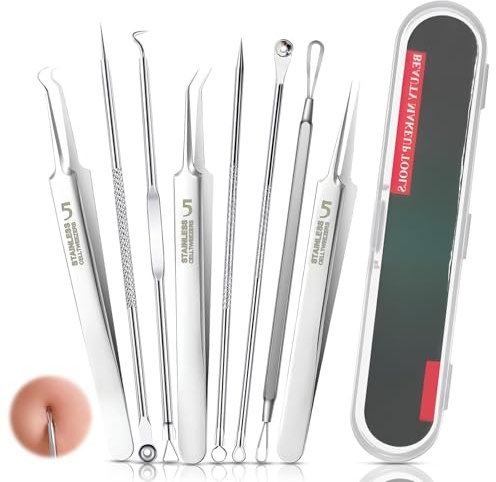 Lot de 8 pinces à comédons pour enlever les points noirs et l'acné sur le visage, en acier inoxydable, unisexe, argenté)