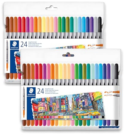 STAEDTLER 3200 Doppelfasermaler zwei Etuis mit je 24 Filzstiften für breite und schmale Linien
