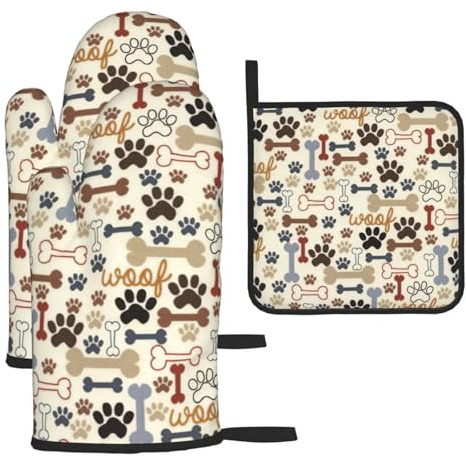 Dog Bones Paw Print Oven Mitts And Pot Holders 3pcs Set,Heat Resistant 500°f Kitchen Gloves For Cooking Baking