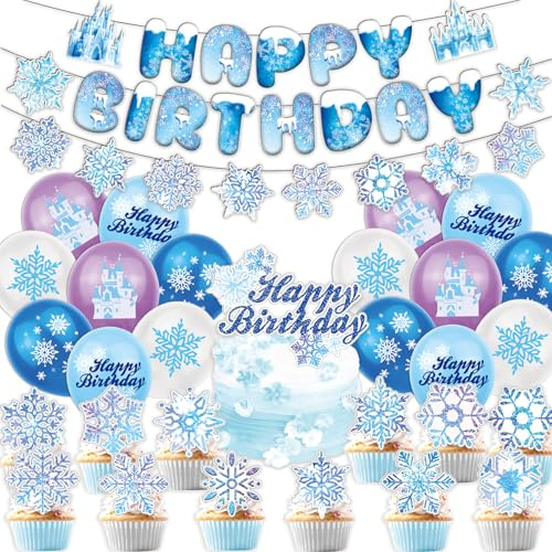 32Stk Schneeflocken Geburtstag Party Set, Winter Party Dekoration, Schneeflocken Thema Artikel, Auto Glückstag Banner Kuchen Dekoration Ballon, Baby Taufe, Mädchen Geburtstag Artikel, Cupcake