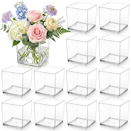Kingrol 12 Pack 4 Inch Square Clear Acrylic Vases, Shatter-Resistant PET Plastic Centerpiece Vases for Weddings, Events, Table Decor