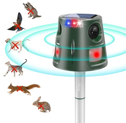 Katzenschreck für Außenbereich, 360° Solarbetriebene Tierkontrollgeräte Vogelschreck mit Bewegungssensor und Blinklicht, 5 Modi Wasserdichter Tierabwehr für Eichhörnchen Waschbären Marder Kaninchen