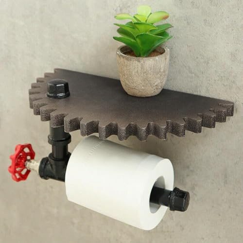 Support de papier toilette industriel rétro avec étagère murale en bois, construction en bois et fer, 25 cm de diamètre en demi-cercle pour décoration rustique moderne de salle de bain ou de bureau
