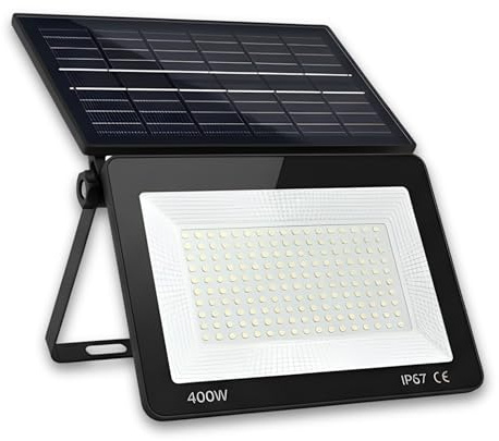 YASTA Faro Solare da Esterno 400W - Lampada LED con Pannello Pieghevole | Pannello Solare, Sensore Crepuscolare, 170 LED 6500K, Impermeabile IP67, Per Giardino e Pareti