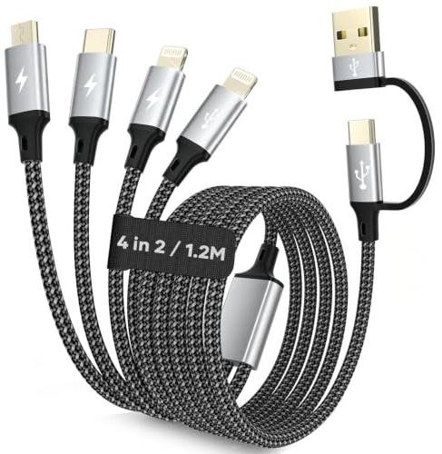 Esiposs Cavo multiplo USB 4 in 2 (3.5 A, 1.2 M) per iPhone Samsung | USB C/A Tpye-C, Micro USB e 2 Lightning, Cavo Ricarica Multiplo in Nylon con Trasferimento Dati e CarPlay, Grigio