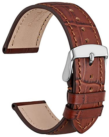 WOCCI 18mm Uhrenarmband Leder für Damen und Herren, Geprägtes Alligator, Silberne Schnalle (Braun)