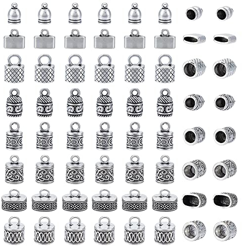 PH PandaHall 80 pcs Tibetan Style Alloy Cord Ends, 8 Mixed Shapes Cord Ends Caps for Jewellery Making, Antique Silver
