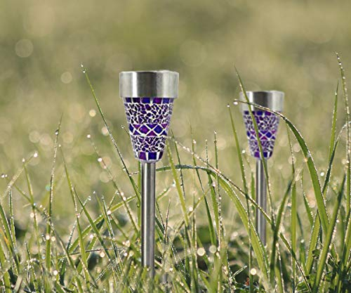 3 x MOSAIK LED-Solar-Garten-Leuchte-Lampe, Edelstahl, Mosaik-Glas lila, H: 37 cm, D: 7,2cm, Blumentopf-Wege-Party-Dekorations-Stimmungs-Leuchte-Lampe (lila)