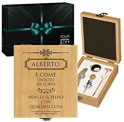 Maverton Set Cavatappi da Vino - Kit da Sommelier Degustazione Perfetta Personalizzato - Scatola in Legno di bambù + 4 Pezzi di Accessori Vino - Regalo Uomo - Il Pieno