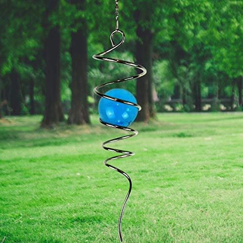 LJLIFART Gazing Ball Spirale Deko Windspiel 13 Zoll mit Drehhaken und 5,1 cm Aquamarin Glaskugel Einzigartiges Geschenk und Hängedekor für Innen Außen Garten Dekoration