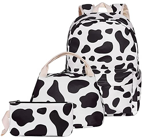 Malaxlx Kuh Druck Schulrucksack Mädchen Jungen Teenager Schulranzen Schultasche Laptop Rucksack Damen Herren 3 Teile Set Freizeit Daypack + Lunch Tasche + Federtasche