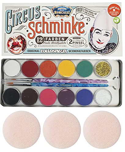 Eulenspiegel 212288 - Metall-Palette Circus Roncalli, 10 x 5 g Farben, 1 Glitter Classic Gold, 1 Glitter Perlmutt, 2 Celebration-Pinsel, 3 Schwämme